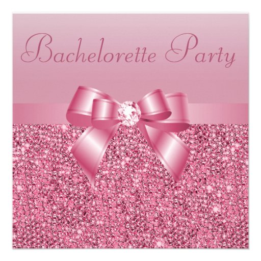 Pink Sequins, Bow & Diamond Bachelorette Party Custom Announcements (front side)
