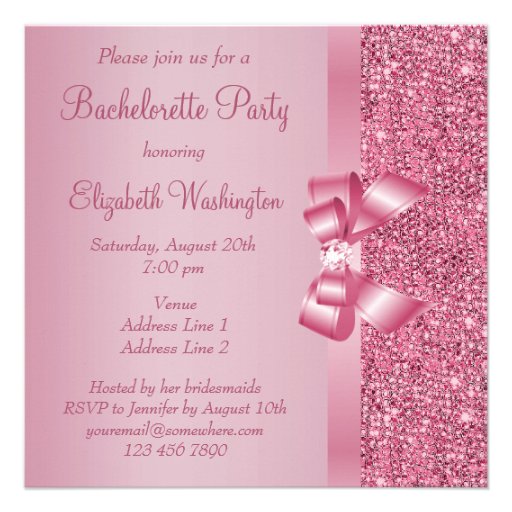 Pink Sequins, Bow & Diamond Bachelorette Party Custom Announcements