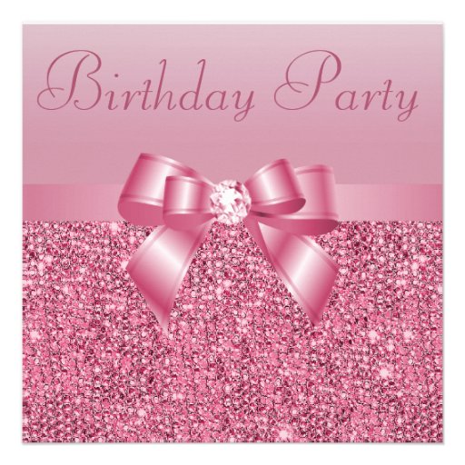 Pink Sequins, Bow & Diamond Birthday Party Custom Invites