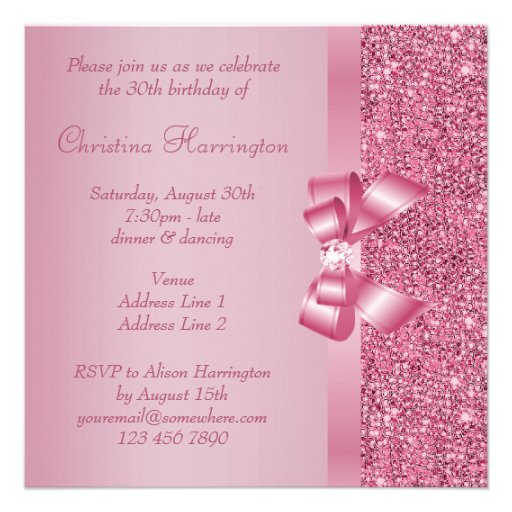 Pink Sequins, Bow & Diamond Birthday Party Custom Invites