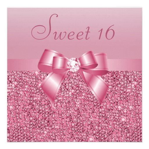Pink Sequins, Bow & Diamond Sweet 16 Custom Announcement