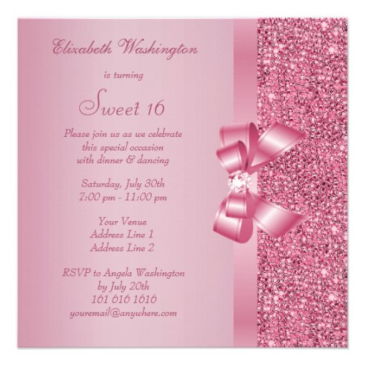 Pink Sequins, Bow & Diamond Sweet 16 Custom Announcement