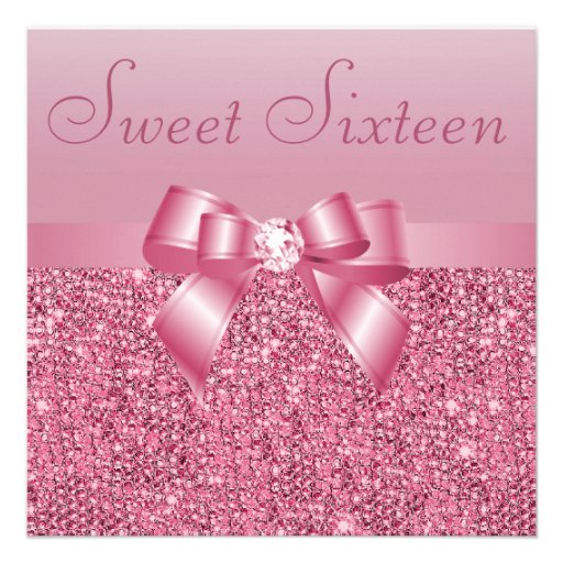 Pink Sequins, Bow & Diamond Sweet 16 Invite