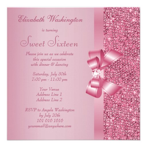 Pink Sequins, Bow & Diamond Sweet 16 Invite