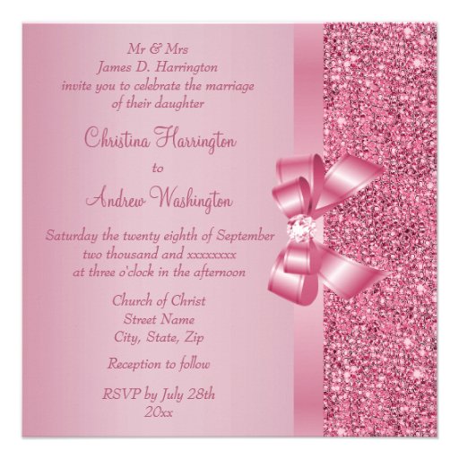 Pink Sequins, Bow & Diamond Wedding Announcement