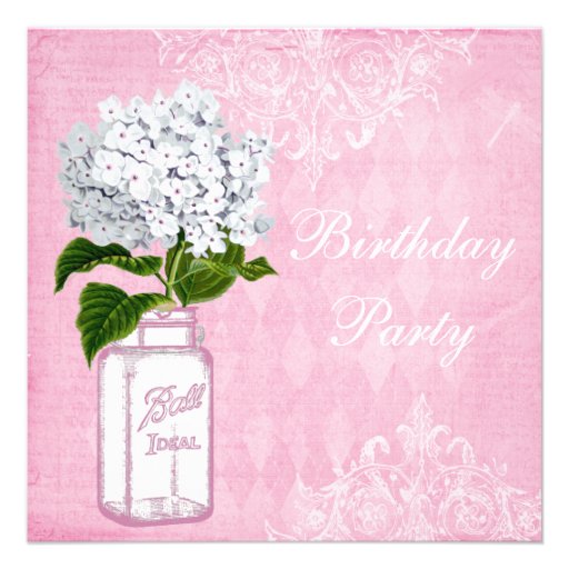 Pink Shabby Chic Jar & Hydrangea Birthday Party Invitations