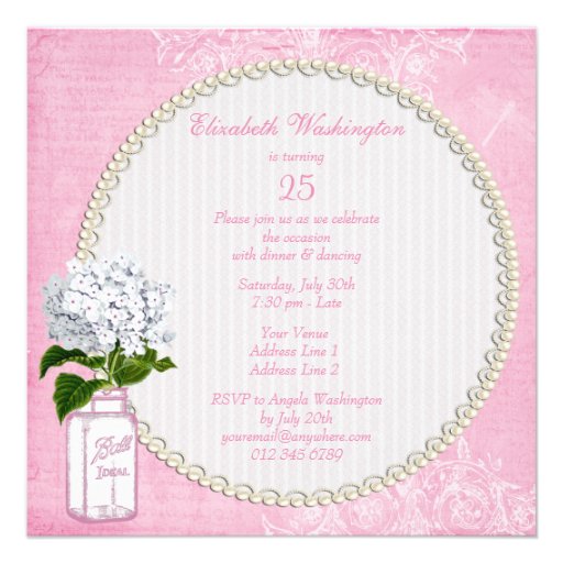 Pink Shabby Chic Jar & Hydrangea Birthday Party Invitations