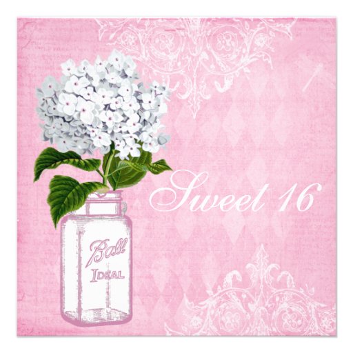 Pink Shabby Chic Jar & Hydrangea Sweet 16 Custom Invitation