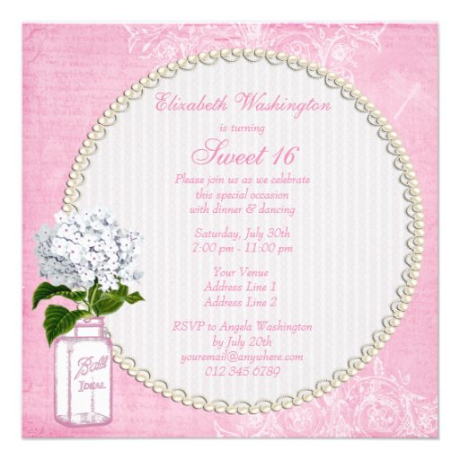 Pink Shabby Chic Jar & Hydrangea Sweet 16 Custom Invitation