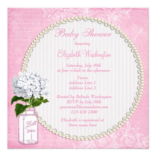 Pink Shabby Chic Mason Jar & Hydrangea Baby Shower Invitation