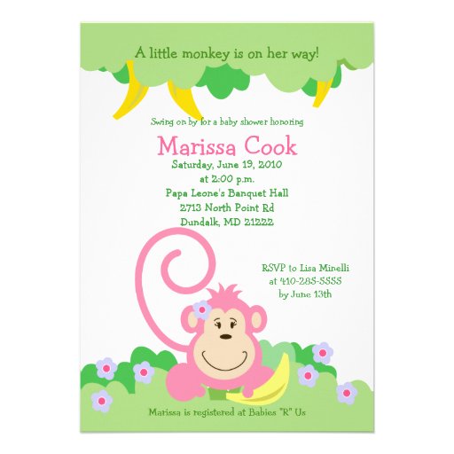 Pink Silly Monkey Jungle Girl Baby Shower 5x7 Personalized Invitation