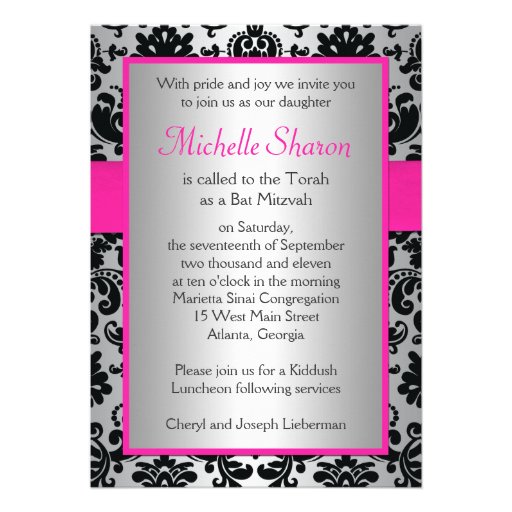 Pink, Silver, and Black Damask Bat Mitzvah Invite