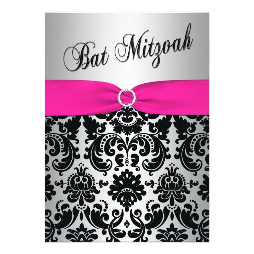 Pink, Silver, and Black Damask Bat Mitzvah Invite