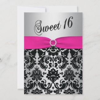 Pink, Silver, and Black Damask Sweet 16 Invitation zazzle_invitation