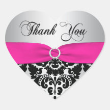Pink, Silver, and Black Damask Thank You Sticker