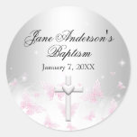 Pink Silver Butterfly Cross Baptism Sticker