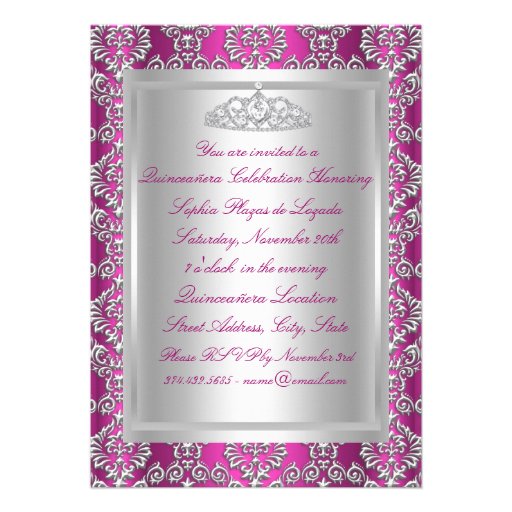 Pink & Silver Damask Quinceanera Announcements