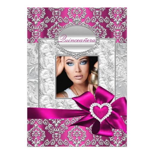 Pink & Silver Damask Quinceanera Announcements