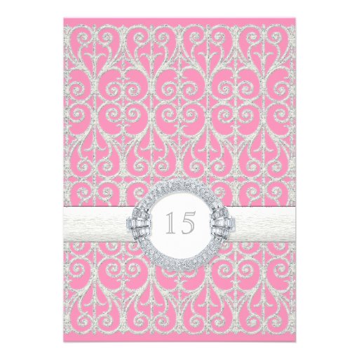 Pink & Silver, Diamonds & Lace, Mis Quince Anos Personalized Announcements