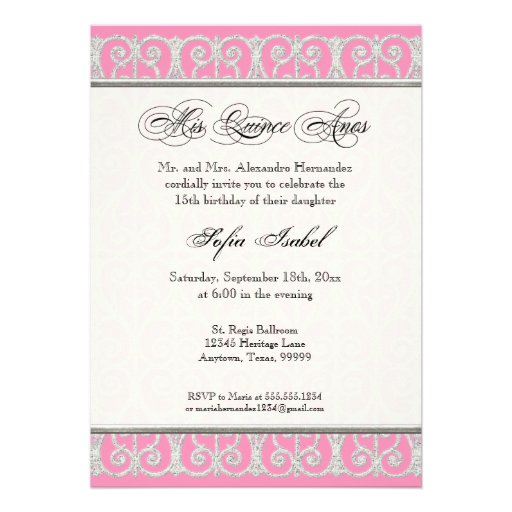 Pink & Silver, Diamonds & Lace, Mis Quince Anos Personalized Announcements