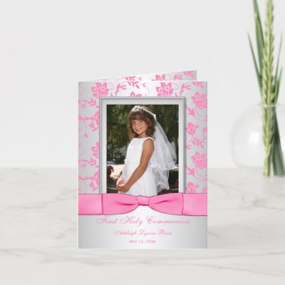 Pink Silver First Communion Photo Thank You Card