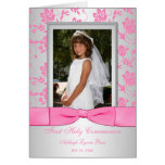 Pink Silver First Communion Photo Thank You Card