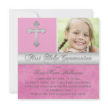 Pink, Silver First Holy Communion Photo Invitation