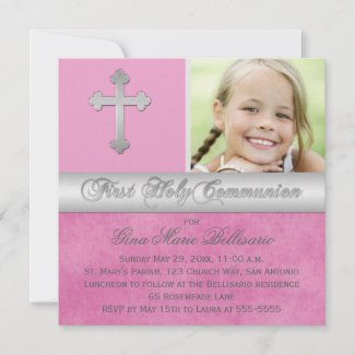 Pink, Silver First Holy Communion Photo Invitation zazzle_invitation