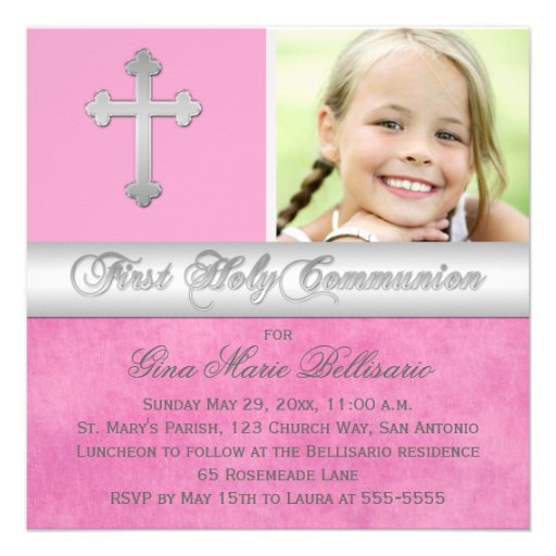 Pink, Silver First Holy Communion Photo Invitation