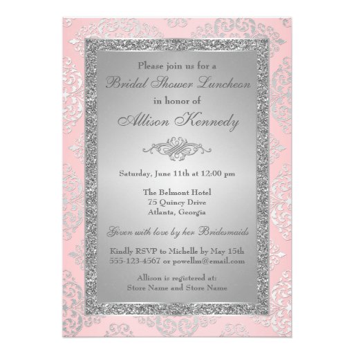 Pink, Silver Glitter Damask Bridal Shower Invite (front side)