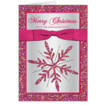 Pink Silver Glitter Snowflake Photo Christmas Card
