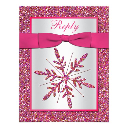 Pink, Silver Glitter Snowflake RSVP Card Personalized Invitations