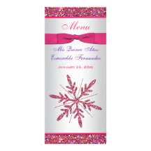 Pink, Silver Gray FAUX Glitter Snowflakes Menu Rack Cards