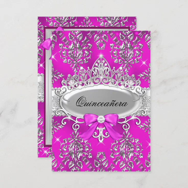 Pink Silver Tiara Damask Quinceanera Invite Zazzle