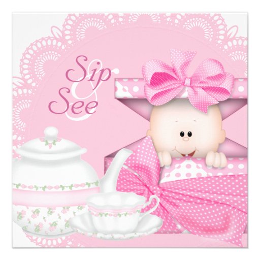 Pink Sip and See Baby Girl Shower Custom Announcements