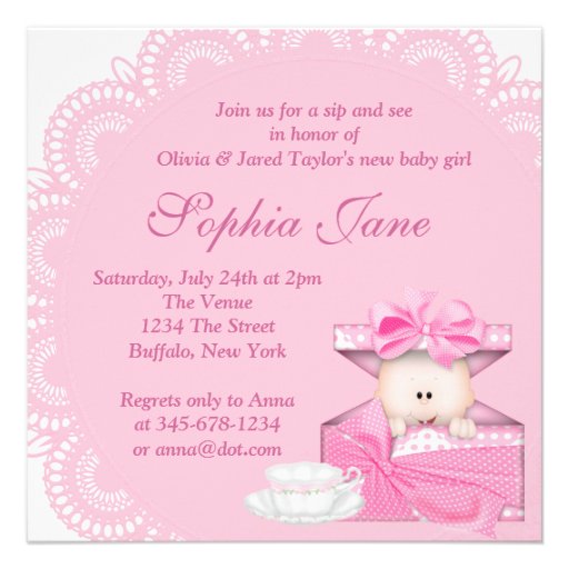 Pink Sip and See Baby Girl Shower Custom Announcements
