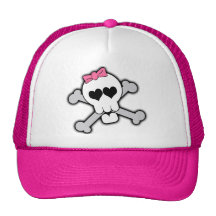 Pink Skull and Crossbones with Hearts and Bow Trucker Hats