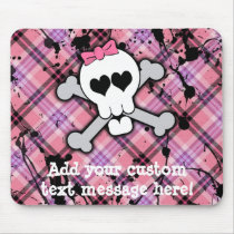 Pink Skull and Crossbones with Hearts and Bow Mouse Pads