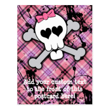 Pink Skull and Crossbones with Hearts and Bow Post Cards