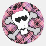 Pink Skull and Crossbones with Hearts and Bow Round Sticker