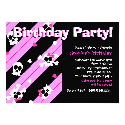 Pink Skulls and Hearts Birthday Party Custom Announcement