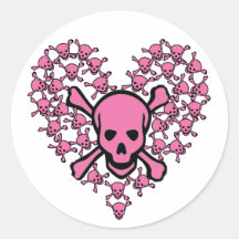 Pink Skulls in Heart Shape Round Sticker