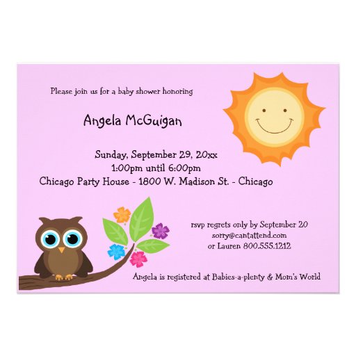 Pink Smiling Sunshine And Owl Baby Shower Invite