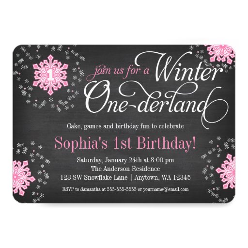 Pink Snowflakes Chalkboard Winter Onederland Personalized Invitations (front side)