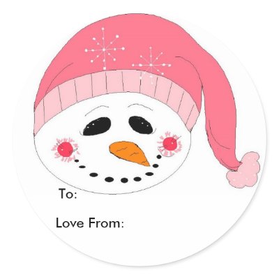 Pink Snowman Gift Tags Round Stickers by seashell2