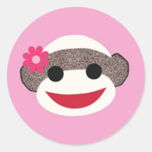 Pink Sock Monkey Flower Girl Round Sticker