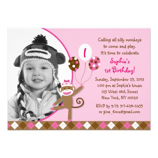 Pink Sock Monkey Girl Photo Birthday Invitations