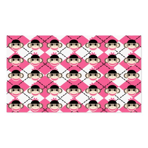 Pink Sock Monkeys on Pink White Argyle Diamond Business Card Templates (back side)