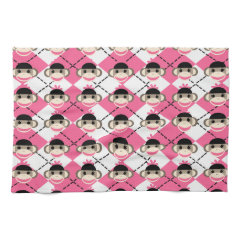 Pink Sock Monkeys on Pink White Argyle Diamond Kitchen Towel