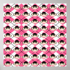 Pink Sock Monkeys on Pink White Argyle Diamond Poster
